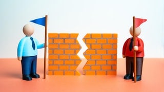 Zwei Rivalen mit je einem blauen und einem roten Fähnchen und ein Riss in einer Mauer symbolisieren Konflikte: Nicht nur Argumente beeinflussen unsere politische Meinungsbildung. Auch Emotionen und Bedürfnisse.