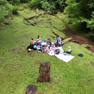 Sonja Faber-Schrecklein sitzt zusammen mit einer Kindergruppe im Wald