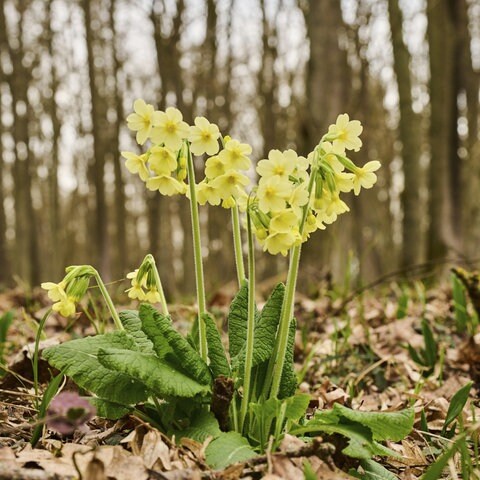 Eine langstielige Blume mit kleinen gelben Blüten, die Schlüsselblume oder Primel, steht im Wald.