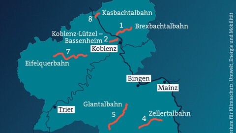 Stand 2025: Karte mit acht alten Bahnstrecken in Rheinland-Pfalz, die möglicherweise reaktiviert werden. Anfangs waren es noch zwölf.