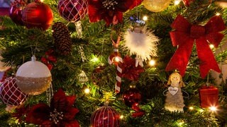 Wundervolles Winterwissen - der SWR1 Adventskalender: Warum hängt Schmuck am Weihnachtsbaum? Das Bild zeigt einen reichlich geschmückten Tannebaum, mit kleinen Engeln, Tannenzapfen, roten Schleifen, glitzernden Christbaumkugeln.