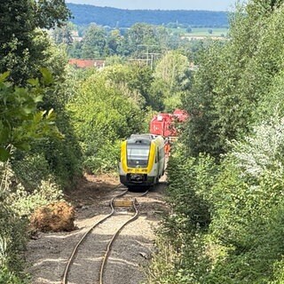 Der letzte auf den Gleisen verbliebene Zugteil wird über die Schienen abtransportiert.