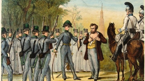 "Die Hinrichtung Robert Blums in der Brigittenau am 9. November 1848" (kolorierte Lithographie. 1848): Blum, geboren 1807 in Köln, war Abgeordneter der Frankfurter Nationalversammlung und stammte aus ärmlichen Verhältnissen. In der zweiten Phase der Revolution beteiligte er sich in Wien am Oktoberaufstand 1848 gegen kaiserlich-österreichische Truppen. Nach der Niederschlagung des Aufstands wurde er nach einem Standgerichtsurteil hingerichtet.