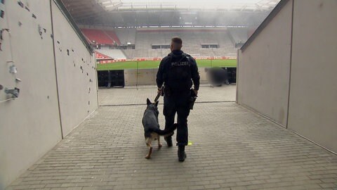 Ein Polizist mit Spürhund auf dem Weg ins Freiburger Stadion