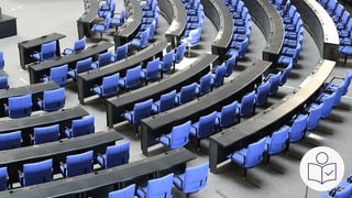 Der Bundestag: Die Abgeordneten sitzen im Halbkreis. Vorne ein Redner·pult. Darüber hängt ein großer silberner Adler. Rechts das SWR Logo für Leichte Sprache.