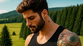 Ein Mann hat ein Tattoo am Hals mit einem "X". Es soll auf die Gartenschau Freudenstadt Baiersbronn aufmerksam machen.