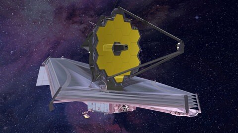 Das James Webb Weltraumteleskop der ESA und NASA schwebt im Weltraum. Das hochmoderne Instrument der europäischen Weltraumorganisation ermöglicht Einblicke in ferne Galaxien.