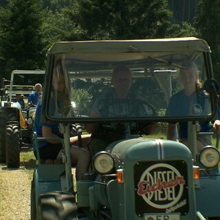 Oldtimer Traktoren fahren in einer Reihe