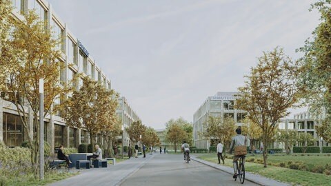 Illustration einer Straße auf dem neuen Campus, Gebäude, viel Grün, Personen auf dem Fahrrad und Bänken