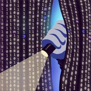 Hand leuchtet mit Taschenlampe durch einen Fadenvorhang; die Fäden bestehen aus 0 und 1 (Illustration; Symbolbild für digitale Recherche): Da sich die Verbrecher in internationalen Gruppen vernetzen, muss die EU zusammenarbeiten, auch online und mit KI.
