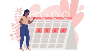 Frau neben einem Mensruationskalender (Illustration): Die Menopause ist die letzte Regelblutung, der ein Jahr lang keine weitere spontane Regelblutung folgt. Das kann man nur retrospektiv festlegen, denn man weiß ja in dem Moment nicht, ob es die letzte Blutung war oder nicht. 