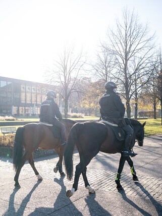 Zwei Reiter der Polizeipferdestaffel in der Stuttgarter Innenstadt, hier im Schlossgarten am Landtag, im Einsatz.