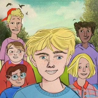 Ismael und seine Freunde, Teil 1: Nennt mich nicht Ismael! - Illustration des Protagonisten Ismael mit vier seiner Freunde vor einer sommerlichen Landschaft.