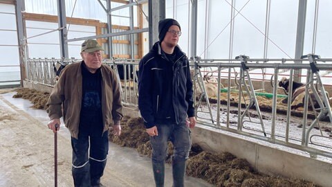 Der Großvater am Stock, der Enkel mit Mütze. Einträchtig gehen sie durch den neuen Kuhstall. 
