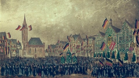 Römerberg im Fahnenschmuck 1848: "Feier zur Eroeffnung der Nationalversammlung" am 18. Mai 1848 (Stahlstich, koloriert, von Carl Juegel (1783 - 1869))
