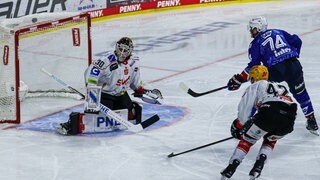 Justin Schütz (re.) trifft zum 1:0 für die Adler Mannheim gegen die Fischtown Pinguins Bremerhaven