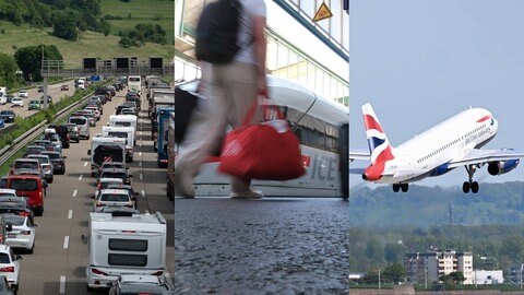 Eine Autobahn, auf der es sich staut. Ein ICE steht an einem Bahngleis. Ein Flugzeug hebt vom Boden ab. Vor den Sommerferien in Baden-Württemberg erwarten Experten viel Stau und Verzögerungen.