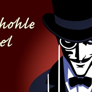 Die hohle Nadel oder Der Schatz der Könige Frankreichs -  Grafische Illustration eines Porträts in Zentralperspektive von einem diebisch lächelnden Arsène Lupin mit Monokel und im Smoking der unter seinem Zylinder nach oben blickt.