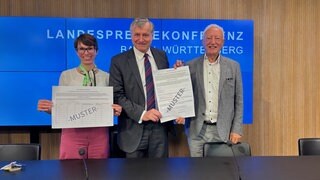Skudelny, Rülke und Diestler bei der Vorstellung des Volksbegehrens.