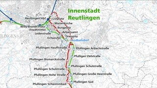 Möglicher Verlauf der Regionalstadtbahn in Reutlingen und Pfullingen.