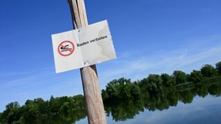Auf einem Schild an einem Gewässer steht "Baden verboten". Düsseldorf will ein Badeverbot im Rhein erlassen, in Rheinhessen ist das bislang nicht geplant